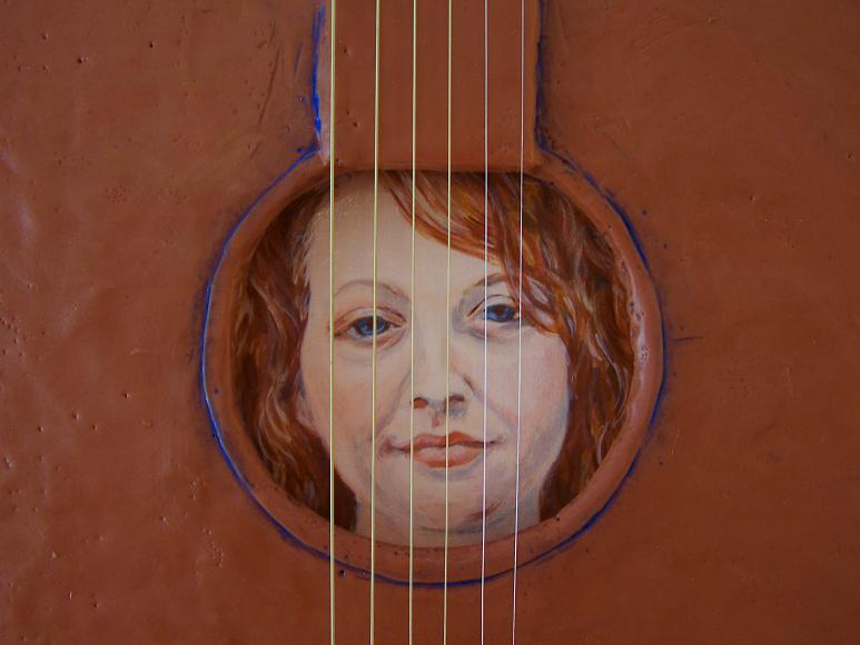 I sing in here (detail); Acrylic on panel, carved encaustic and oil on panel; 20"h x 16"w x 2.75"d; 2010 