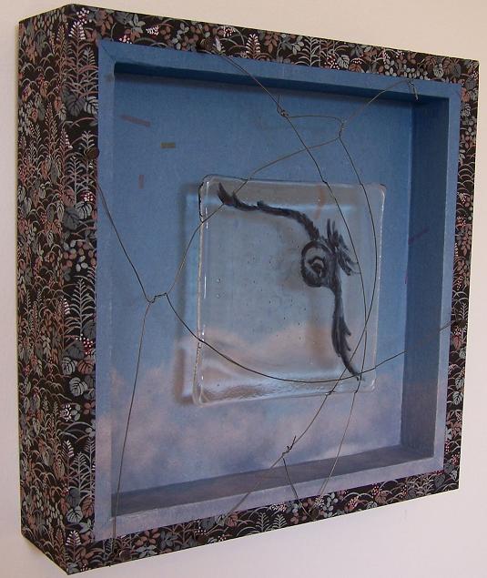 Fly Bird Fly; Painted/fused glass, wire, giclee print, paper, wood; 11"h x 11"w x 2.25"d; 2008