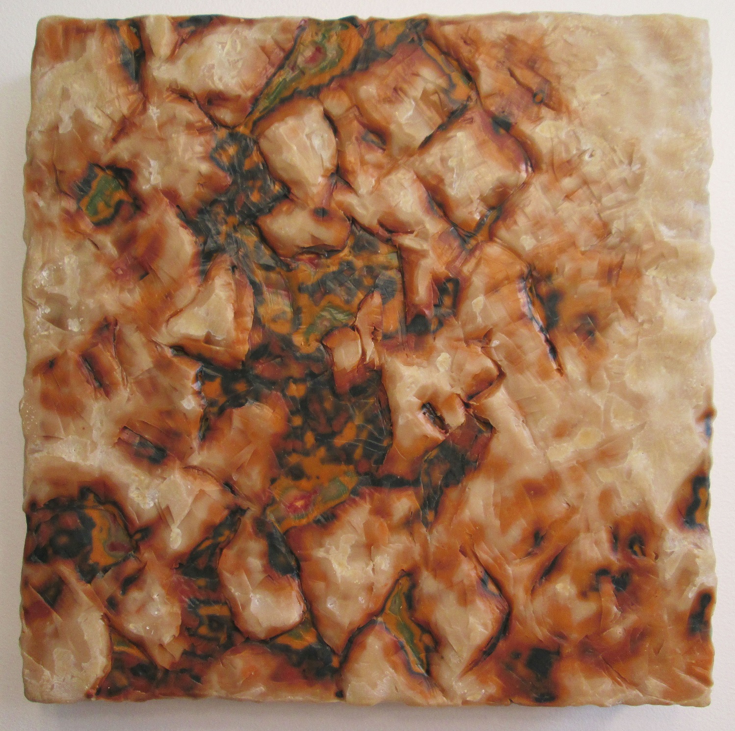 Excavation #5; Layered and carved encaustic with oils on wooden panel; 12"h x 12"w x 2.25"d; 2001