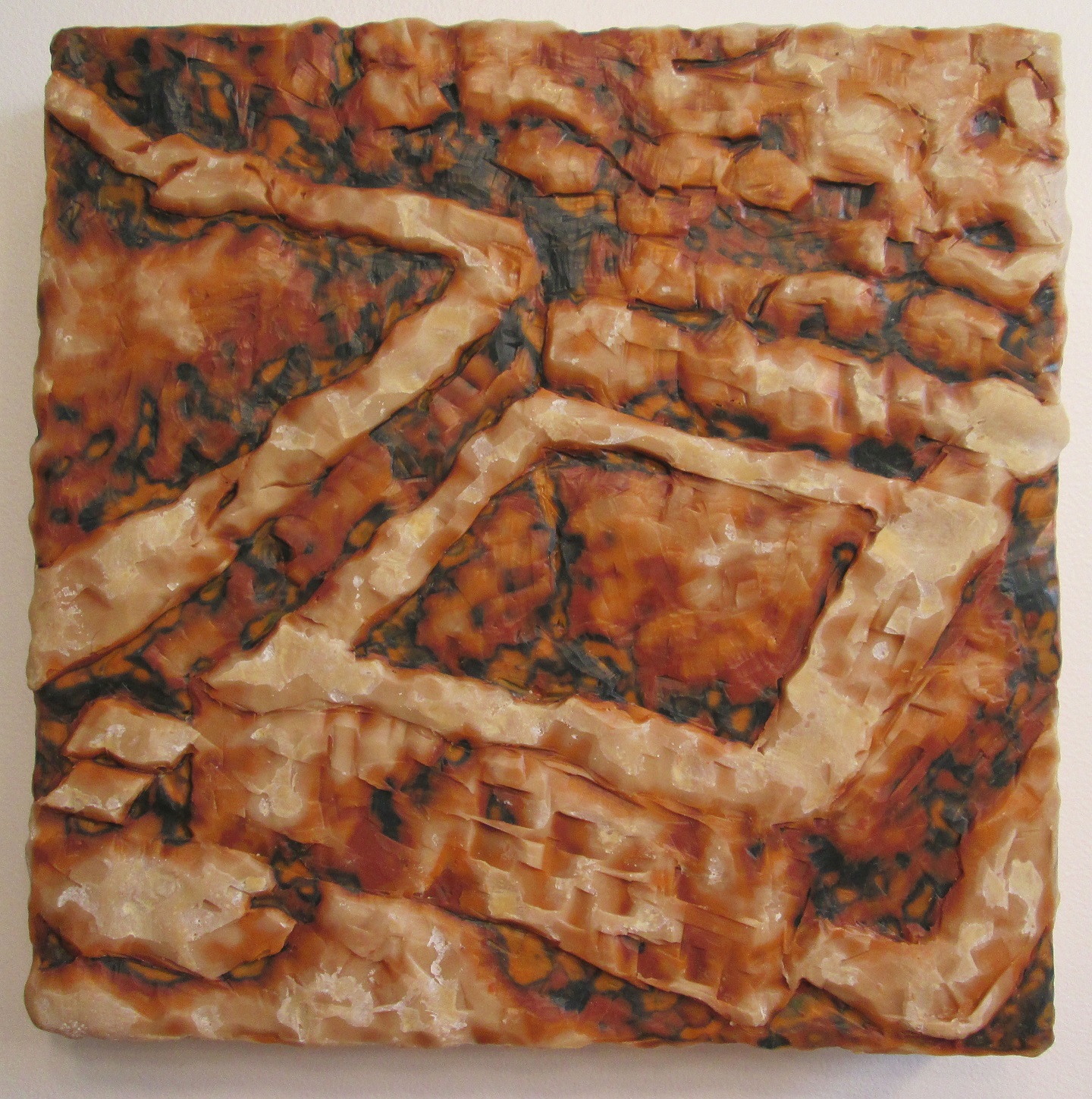 Excavation #8; Layered and carved encaustic with oils on wooden panel; 12"h x 12"w x 2.25"d; 2001