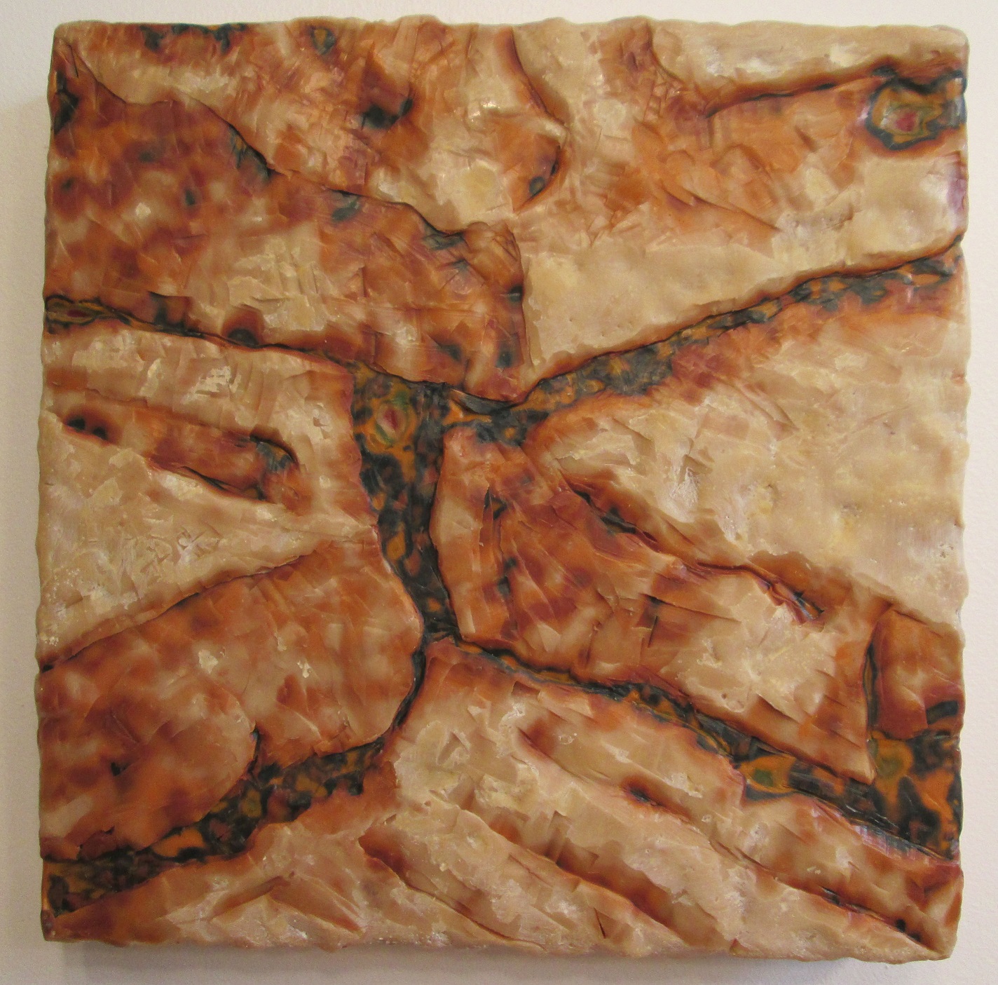 Excavation #9; Layered and carved encaustic with oils on wooden panel; 12"h x 12"w x 2.25"d; 2001